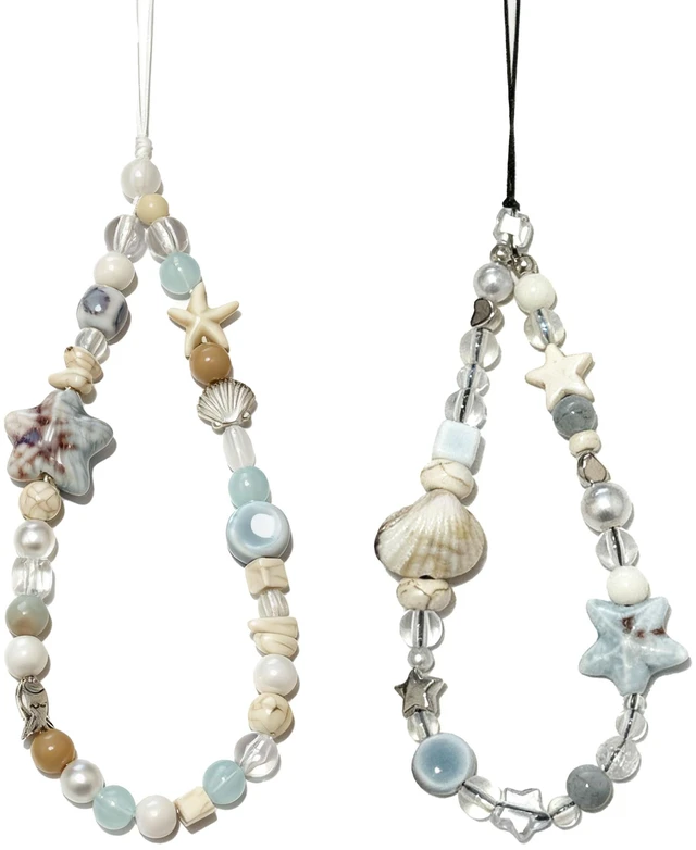 Main image of 2 Pcs Blue Ocean Shell Beaded Phone Charm Phone Wrist Strap, Camera Lanyard Pearl Beaded Cute Chain String Accessories Keychains for Women
