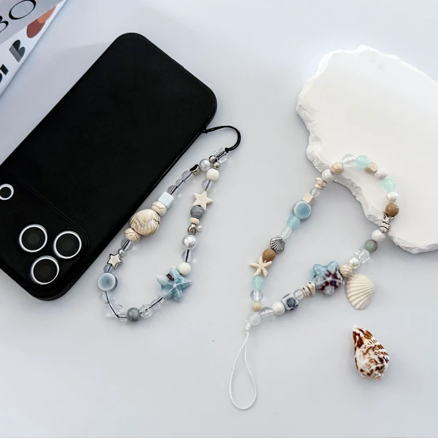 Alt view image 2 of 6 - 2 Pcs Blue Ocean Shell Beaded Phone Charm Phone Wrist Strap, Camera Lanyard Pearl Beaded Cute Chain String Accessories Keychains for Women