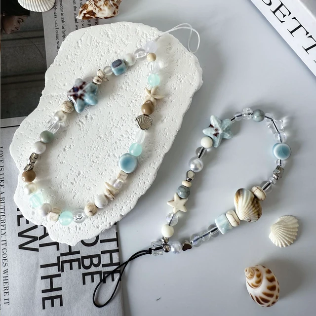 Alt view image 4 of 6 - 2 Pcs Blue Ocean Shell Beaded Phone Charm Phone Wrist Strap, Camera Lanyard Pearl Beaded Cute Chain String Accessories Keychains for Women