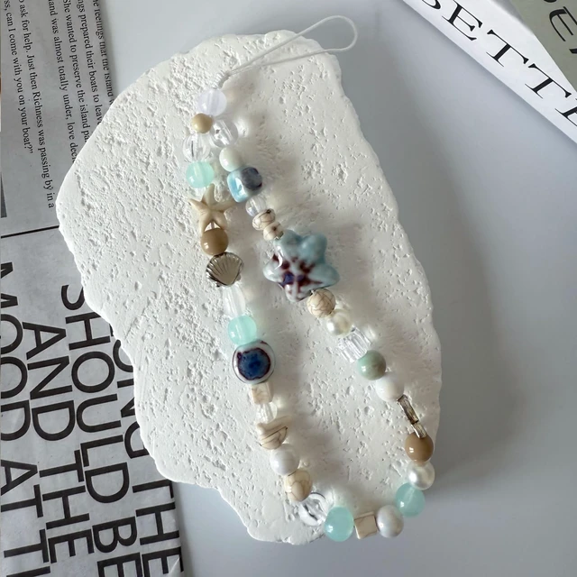 Alt view image 5 of 6 - 2 Pcs Blue Ocean Shell Beaded Phone Charm Phone Wrist Strap, Camera Lanyard Pearl Beaded Cute Chain String Accessories Keychains for Women