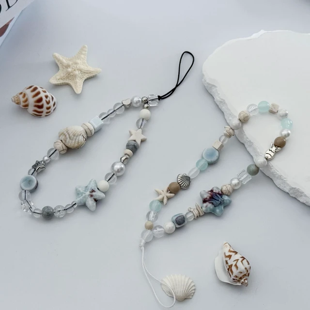 Alt view image 6 of 6 - 2 Pcs Blue Ocean Shell Beaded Phone Charm Phone Wrist Strap, Camera Lanyard Pearl Beaded Cute Chain String Accessories Keychains for Women