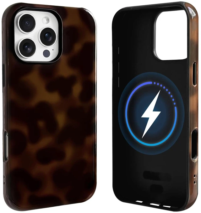 Main image of for iPhone 16 Pro Case Magnetic Cute Leopard - Brown | Compatible with MagSafe, Amber tortoise pattern, For women men girls boys, Soft TPU hard PC back, Shockproof, Waterproof