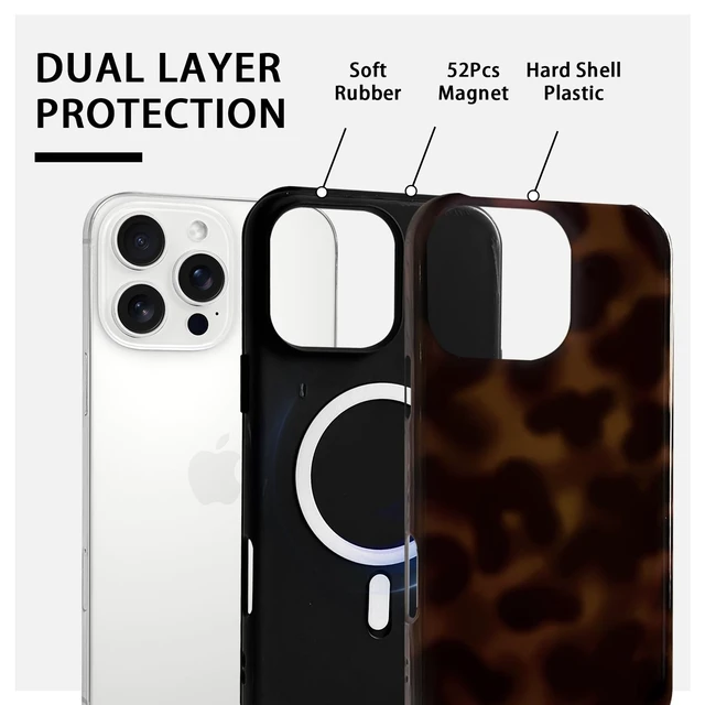 Alt view image 2 of 7 - for iPhone 16 Pro Case Magnetic Cute Leopard - Brown | Compatible with MagSafe, Amber tortoise pattern, For women men girls boys, Soft TPU hard PC back, Shockproof, Waterproof