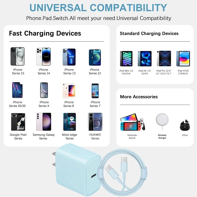 Alt view image 6 of 7 - iPhone 17 16 15 Charger Fast Charging Type C Chargers USB C Charger Block | for iPhones, iPads,Tablets,Android phones,20W iPhone Charger USB-C Power Adapter,with Long 6FT USB C Charging Cables(Blue)