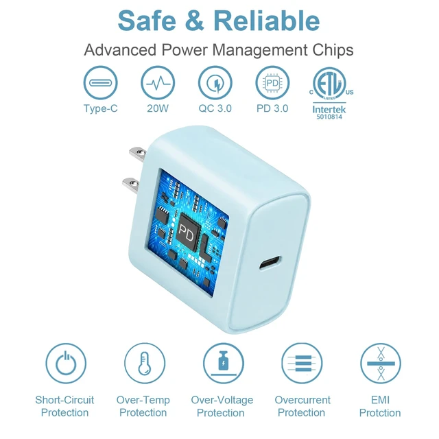 Alt view image 5 of 7 - iPhone 17 16 15 Charger Fast Charging Type C Chargers USB C Charger Block | for iPhones, iPads,Tablets,Android phones,20W iPhone Charger USB-C Power Adapter,with Long 6FT USB C Charging Cables(Blue)