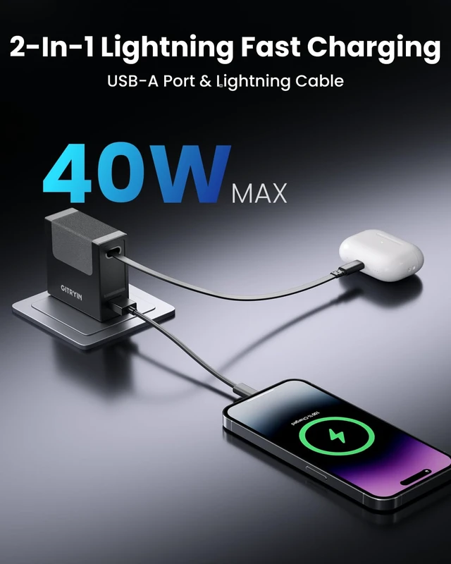 Alt view image 3 of 7 - 40W PD Retractable USB Wall Charger, 33.5in Lightning Cable, 1 USBA | Phone GaN Charger with 1 Lightning Cable, 1 USB A Port, Foldable Plug, Fast Charging for iPhone14/13/12, ETL Certified, Black