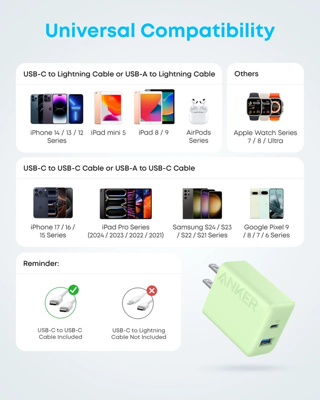 Alt view image 6 of 7 - Phone Charger, 20W USB C Charger Block, Type C Charger Fast Charging | For iPhone 18 Pro/17/17 Plus/17 Pro Max/16/16 Plus/16 Pro Max/15 Pro Max/iPad Pro and More (2-Pack with 2 Cables, Green)