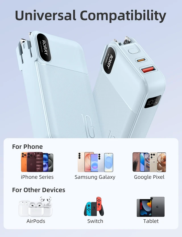 Alt view image 7 of 7 - Portable Charger 3 in 1 with Wall Plug 10000mAh Power Bank for iPhone | Built in Cables, 22.5W Fast Charging, Plug in Battery Pack for iPhone, iPad, Samsung Galaxy, Pixel, LG, Travel Essential