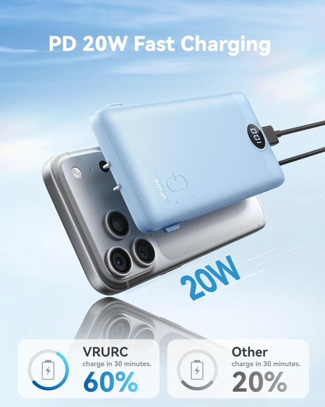 Alt view image 3 of 7 - Portable Charger AC Plug and Built-in-Cables 10000mAh Fast Charging | Power Bank 22.5W fast charge, LED display, Micro, USB-C and Phone cables, 4 outputs, 8 oz, airline approved
