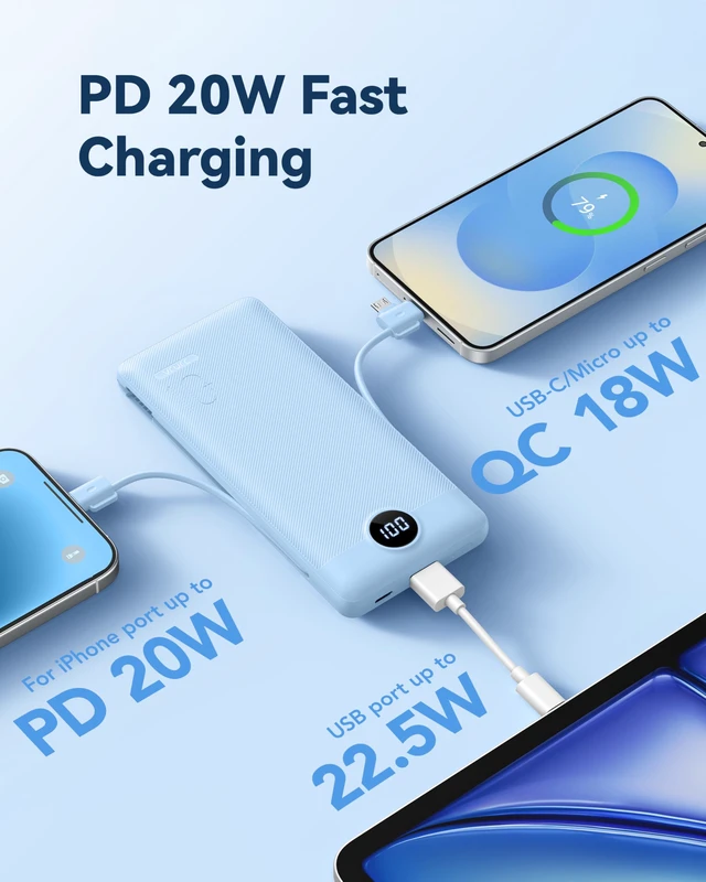 Alt view image 6 of 7 - Portable Charger AC Plug and Built-in-Cables 10000mAh Fast Charging | Power Bank 22.5W fast charge, LED display, Micro, USB-C and Phone cables, 4 outputs, 8 oz, airline approved