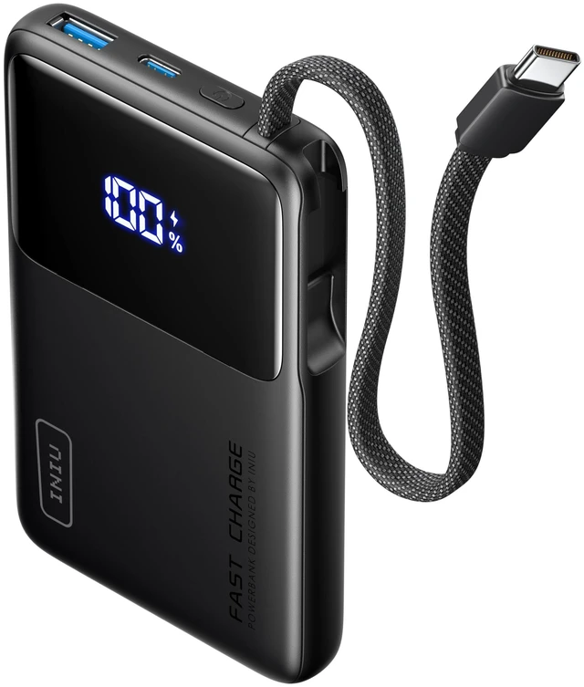Main image of Portable Charger, Smaller 45W Fast Charging Power Bank, 10000mAh Black | Flight-Safe for Travel, Built in USB C Cable, LED Display, Battery Pack for iPhone 18 17 16 Pro, Samsung S26, iPad etc