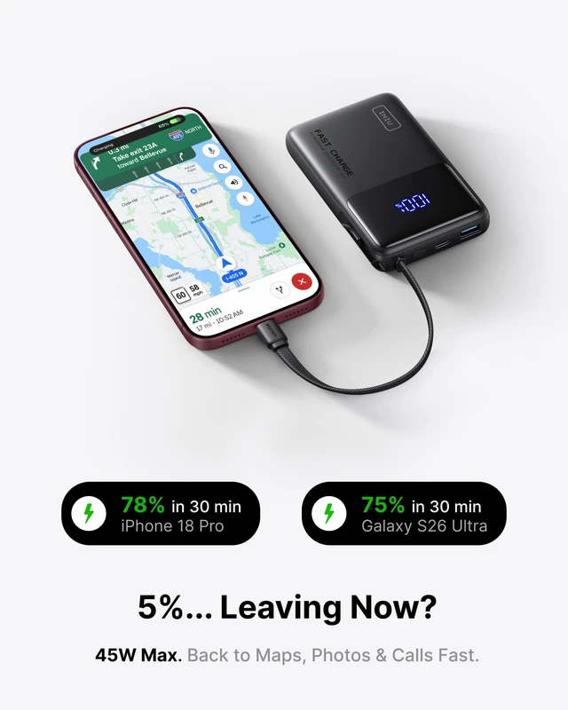 Alt view image 4 of 7 - Portable Charger, Smaller 45W Fast Charging Power Bank, 10000mAh Black | Flight-Safe for Travel, Built in USB C Cable, LED Display, Battery Pack for iPhone 18 17 16 Pro, Samsung S26, iPad etc