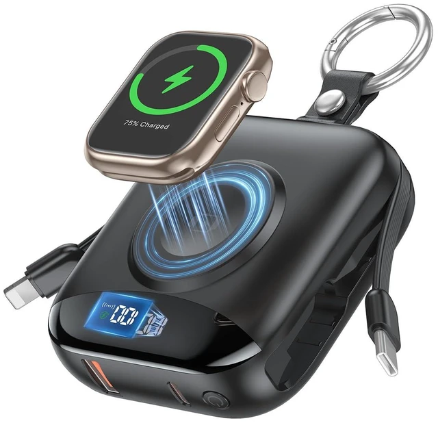 Main image of Portable Charger 10000mAh w/Built-in Cables & iWatch Charger Black | Fast charging, Built-in cables, LED display, Charge 5 devices at once, Ring buckle, TSA approved, Pocket size, Charge iWatch