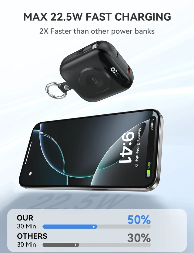 Alt view image 4 of 7 - Portable Charger 10000mAh w/Built-in Cables & iWatch Charger Black | Fast charging, Built-in cables, LED display, Charge 5 devices at once, Ring buckle, TSA approved, Pocket size, Charge iWatch
