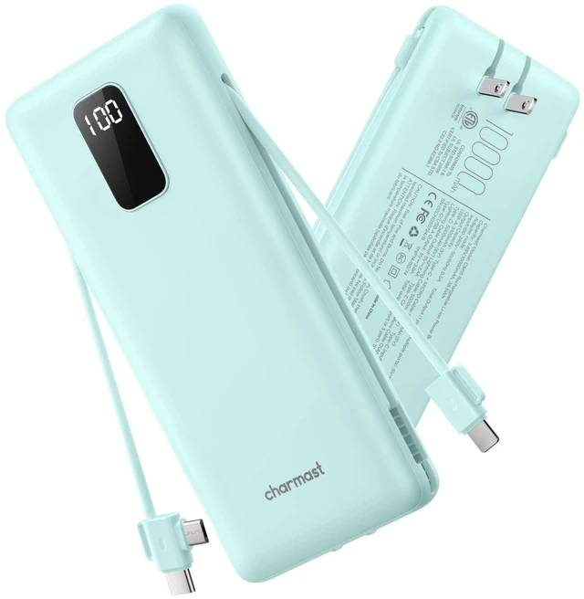 Main image of 10000mAh Portable Charger with Built-in Cables and AC Wall Plug | Slim All-in-One USB-C Power Bank, Charge Up to 4 Devices at Once, Travel Essential, Compatible with iPhone, Samsung, Android