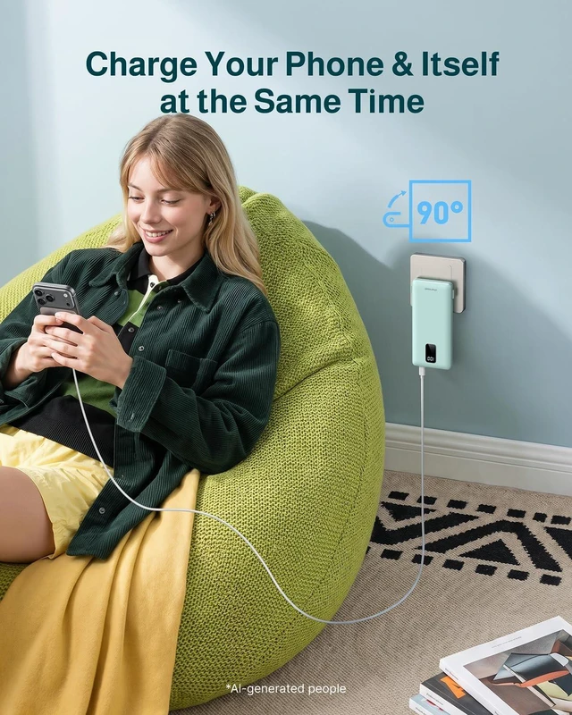 Alt view image 2 of 7 - 10000mAh Portable Charger with Built-in Cables and AC Wall Plug | Slim All-in-One USB-C Power Bank, Charge Up to 4 Devices at Once, Travel Essential, Compatible with iPhone, Samsung, Android