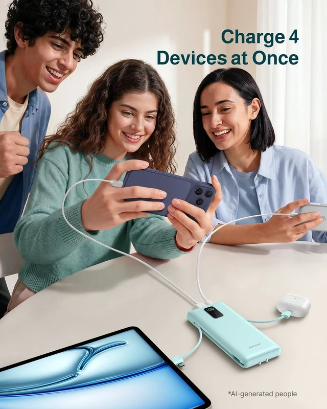 Alt view image 3 of 7 - 10000mAh Portable Charger with Built-in Cables and AC Wall Plug | Slim All-in-One USB-C Power Bank, Charge Up to 4 Devices at Once, Travel Essential, Compatible with iPhone, Samsung, Android