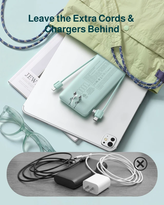 Alt view image 5 of 7 - 10000mAh Portable Charger with Built-in Cables and AC Wall Plug | Slim All-in-One USB-C Power Bank, Charge Up to 4 Devices at Once, Travel Essential, Compatible with iPhone, Samsung, Android