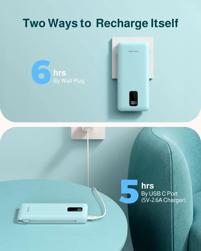 Alt view image 6 of 7 - 10000mAh Portable Charger with Built-in Cables and AC Wall Plug | Slim All-in-One USB-C Power Bank, Charge Up to 4 Devices at Once, Travel Essential, Compatible with iPhone, Samsung, Android