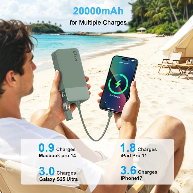 Alt view image 3 of 7 - Portable Charger 20000mAh 65W Power Bank w/Detachable Cable | 2C+2A USB-C Fast Charging Laptop Battery Pack with LED Display, for Notebooks, Tablets, Phones, and Steam Deck