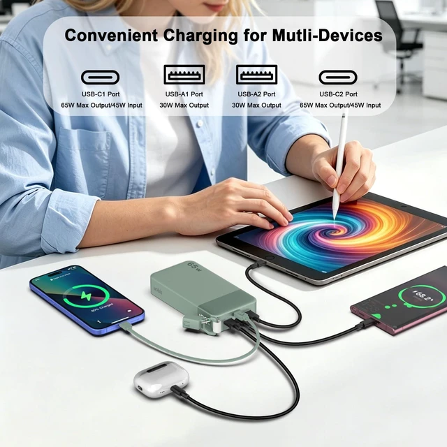 Alt view image 4 of 7 - Portable Charger 20000mAh 65W Power Bank w/Detachable Cable | 2C+2A USB-C Fast Charging Laptop Battery Pack with LED Display, for Notebooks, Tablets, Phones, and Steam Deck