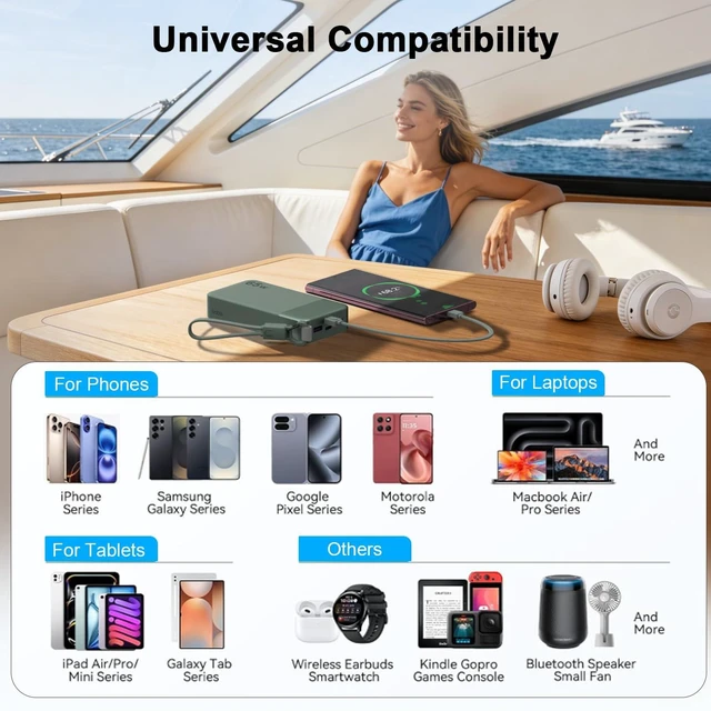 Alt view image 7 of 7 - Portable Charger 20000mAh 65W Power Bank w/Detachable Cable | 2C+2A USB-C Fast Charging Laptop Battery Pack with LED Display, for Notebooks, Tablets, Phones, and Steam Deck