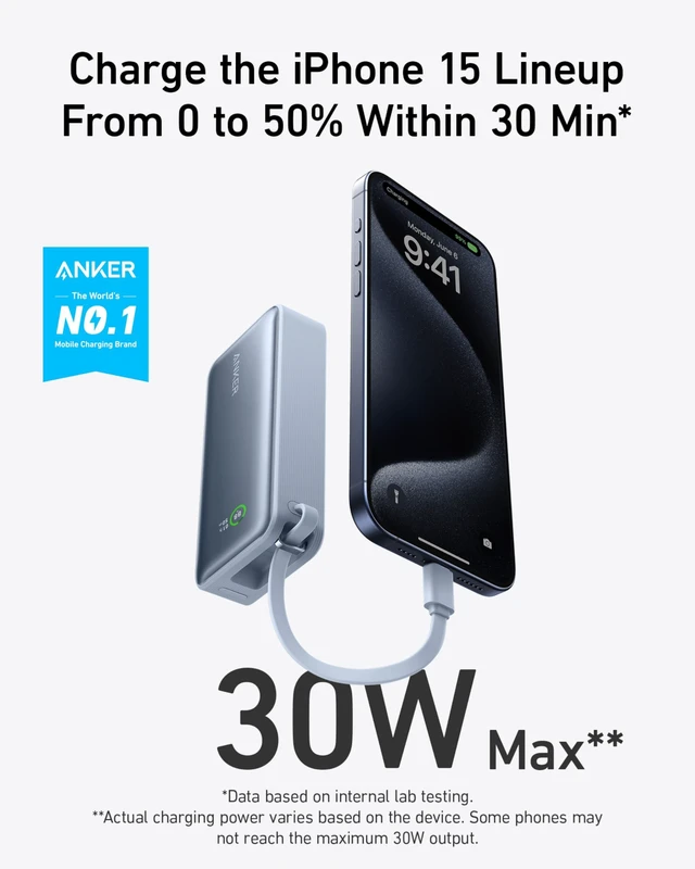Alt view image 2 of 6 - Nano Power Bank,10,000mAh 30W Portable Charger,Built-in USB-C Cable | 30W Recharging and Output, USB-C and USB-A Ports, for iPhone 17 / 16 / 15 Series, MacBook, Galaxy, AirPods, and More
