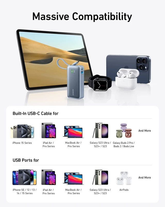 Alt view image 6 of 6 - Nano Power Bank,10,000mAh 30W Portable Charger,Built-in USB-C Cable | 30W Recharging and Output, USB-C and USB-A Ports, for iPhone 17 / 16 / 15 Series, MacBook, Galaxy, AirPods, and More