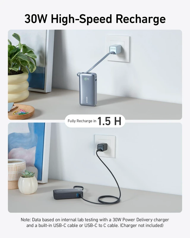 Alt view image 5 of 6 - Nano Power Bank,10,000mAh 30W Portable Charger,Built-in USB-C Cable | 30W Recharging and Output, USB-C and USB-A Ports, for iPhone 17 / 16 / 15 Series, MacBook, Galaxy, AirPods, and More