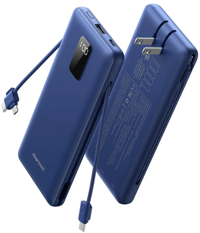 Main image of Portable Charger Power Bank 10000mAh with Built-in AC Wall Plug | Built-in Cables,5 Outputs,Flight-Safe,Slim Travel Phone Charger for iPhone 17 14,Samsung Galaxy,iPad,Android,Smartwatch,etc