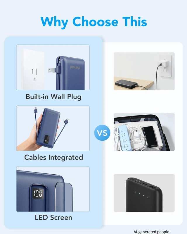 Alt view image 3 of 7 - Portable Charger Power Bank 10000mAh with Built-in AC Wall Plug | Built-in Cables,5 Outputs,Flight-Safe,Slim Travel Phone Charger for iPhone 17 14,Samsung Galaxy,iPad,Android,Smartwatch,etc