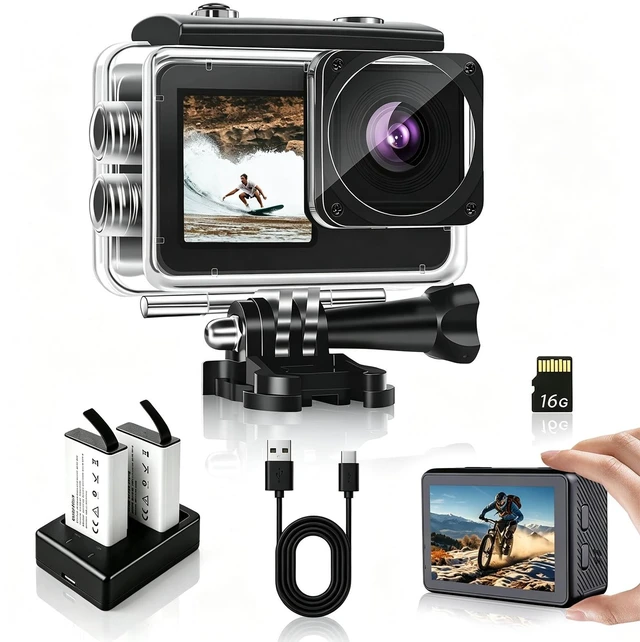 Main image of Action Camera 1080P FHD 16MP Underwater Camera with 2" & 1.3" Dual Screen, 131FT/40M Waterproof Vlogging Camera for Sports, Includes 16GB Card, 2x1050mAh Batteries & Mounting Accessories(black)