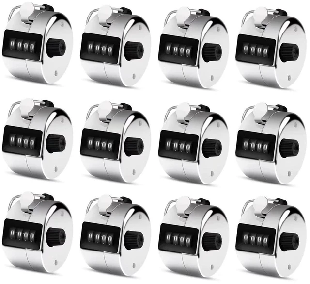 Main image of 12 Pack Metal Hand Tally Counter 4-Digit Lap Counter Clicker, Manual Mechanical Handheld Pitch Click Counter with Finger Ring for School Golf & Knitting Row Croche, Silver