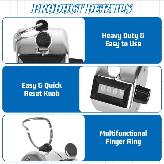 Alt view image 3 of 7 - 20 Pack Clicker Counter, Metal Hand Tally Counter Clicker, 4 Digit Mechanical Palm Pitch Counter Clicker for Counting Numbers Golf Sports Events Office Stadium