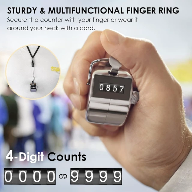 Alt view image 3 of 7 - Metal Handheld Tally Counter, 4-Digit Mechanical Clicker, 1Pack | Battery-Free Counter, 4-Digit Display, Durable Metal Casing, Portable Finger Ring, Multi-Use Clicker
