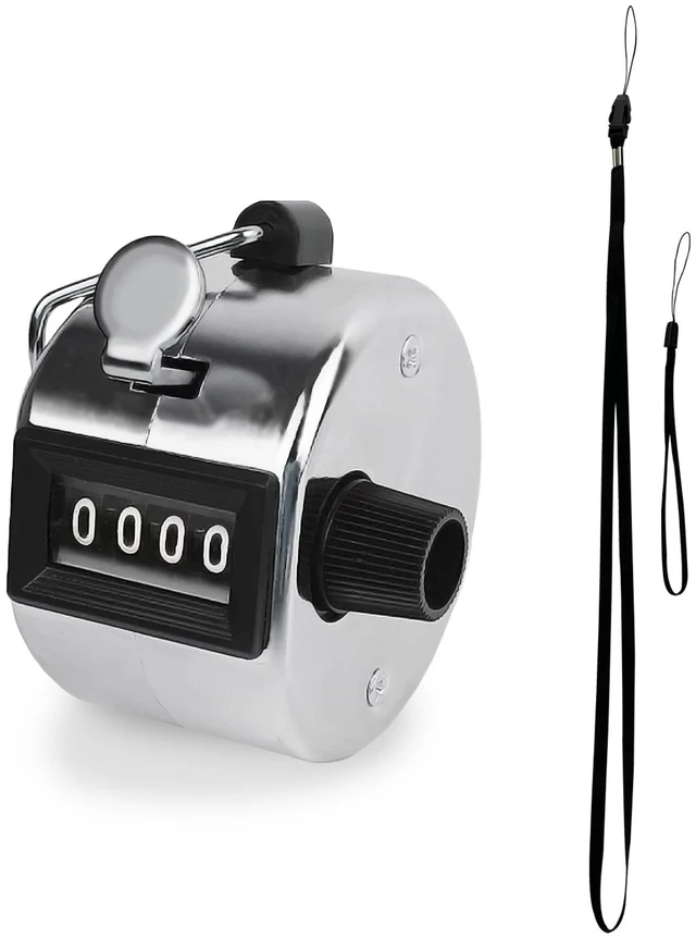 Main image of Metal Hand Tally Clicker Counter, 4-Digit Number Count Clicker with Metal Case Mechanical Counter for Coaching, Knitting, Lap, Fishing, Golf and Row with 2-Nylon Lanyard,Silver