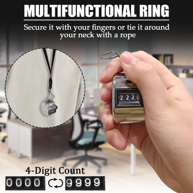 Alt view image 3 of 6 - Metal Hand Tally Clicker Counter, 4-Digit Number Count Clicker with Metal Case Mechanical Counter for Coaching, Knitting, Lap, Fishing, Golf and Row with 2-Nylon Lanyard,Silver