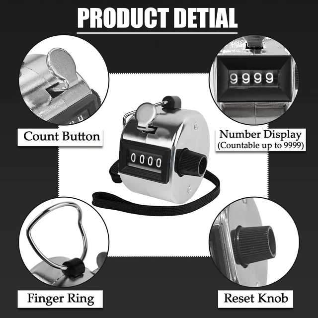 Alt view image 6 of 6 - Metal Hand Tally Clicker Counter, 4-Digit Number Count Clicker with Metal Case Mechanical Counter for Coaching, Knitting, Lap, Fishing, Golf and Row with 2-Nylon Lanyard,Silver