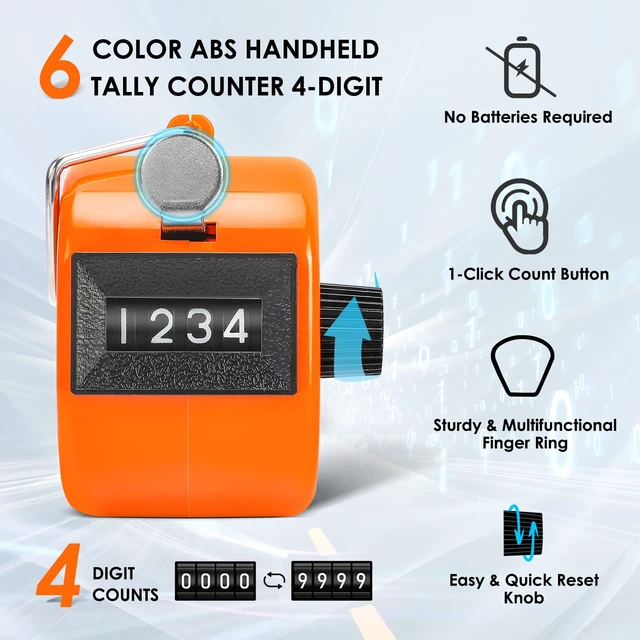 Alt view image 2 of 7 - Tally Counter, 6 Pack, 4-Digit Mechanical Clickers, 6 Colors | 6 Colors for Easy Assignment; Battery-Free Counting; 4-Digit Display; Lightweight ABS Case; Finger Ring; Multi-Use