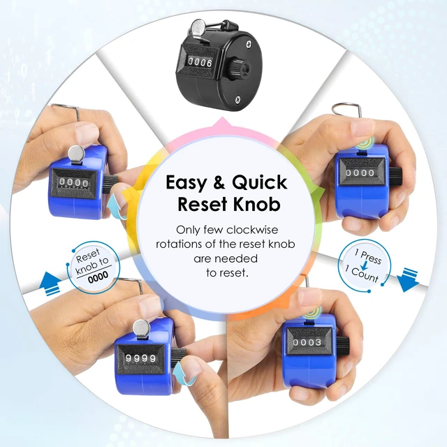 Alt view image 5 of 7 - Tally Counter, 6 Pack, 4-Digit Mechanical Clickers, 6 Colors | 6 Colors for Easy Assignment; Battery-Free Counting; 4-Digit Display; Lightweight ABS Case; Finger Ring; Multi-Use