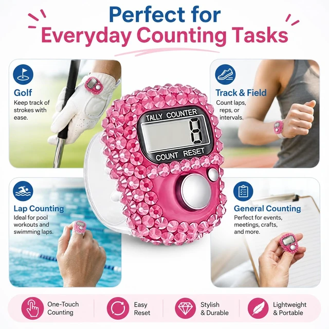 Alt view image 3 of 7 - Electronic Tally Counter with Display, Resettable Portable Electronic Finger Counter for Golf, Track and Field, Lap Counting (Pink)