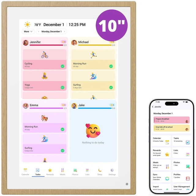 Main image of Digital Calendar 10.1 Inch, 1080P Full HD WIFI Interactive Touchscreen Electronic Calendar & 2026 Smart Family Planner, Chore Chart for Multiple Kids, Rewards & Picture Frame, Natural Wood