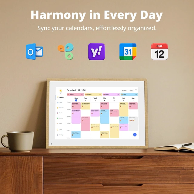 Alt view image 2 of 7 - Digital Calendar 10.1 Inch, 1080P Full HD WIFI Interactive Touchscreen Electronic Calendar & 2026 Smart Family Planner, Chore Chart for Multiple Kids, Rewards & Picture Frame, Natural Wood