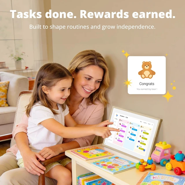 Alt view image 4 of 7 - Digital Calendar 10.1 Inch, 1080P Full HD WIFI Interactive Touchscreen Electronic Calendar & 2026 Smart Family Planner, Chore Chart for Multiple Kids, Rewards & Picture Frame, Natural Wood