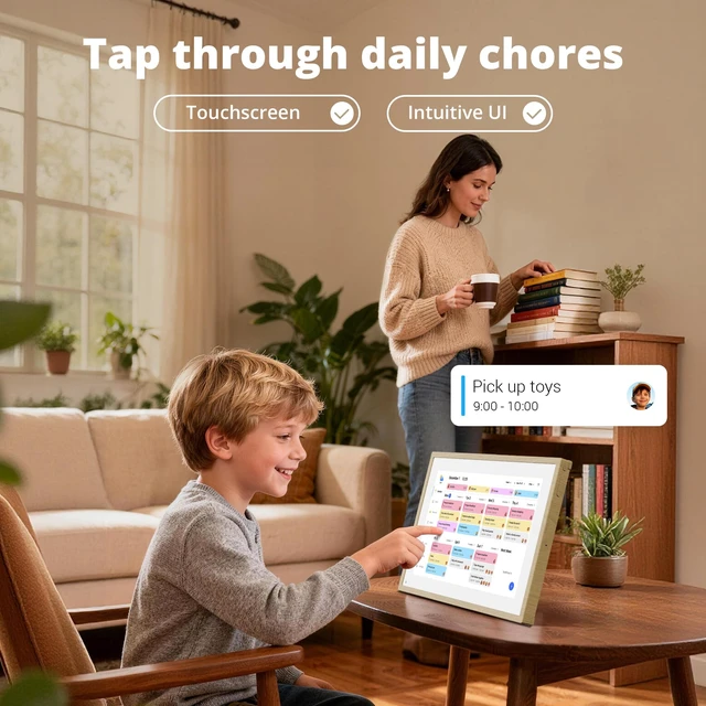 Alt view image 6 of 7 - Digital Calendar 10.1 Inch, 1080P Full HD WIFI Interactive Touchscreen Electronic Calendar & 2026 Smart Family Planner, Chore Chart for Multiple Kids, Rewards & Picture Frame, Natural Wood