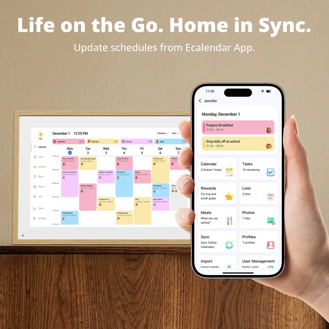 Alt view image 7 of 7 - Digital Calendar 10.1 Inch, 1080P Full HD WIFI Interactive Touchscreen Electronic Calendar & 2026 Smart Family Planner, Chore Chart for Multiple Kids, Rewards & Picture Frame, Natural Wood