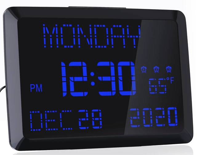 Main image of 11.5" Large Digital Wall Clock for Seniors - Extra Large LED Calendar Clock with Non-Abbreviated Day Date & Indoor Temperature, 3 Alarms, 5-Level Dimmer, 2 USB Chargers for Bedroom Living Room Office
