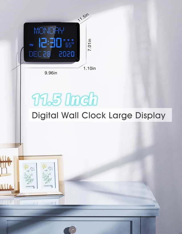 Alt view image 2 of 7 - 11.5" Large Digital Wall Clock for Seniors - Extra Large LED Calendar Clock with Non-Abbreviated Day Date & Indoor Temperature, 3 Alarms, 5-Level Dimmer, 2 USB Chargers for Bedroom Living Room Office