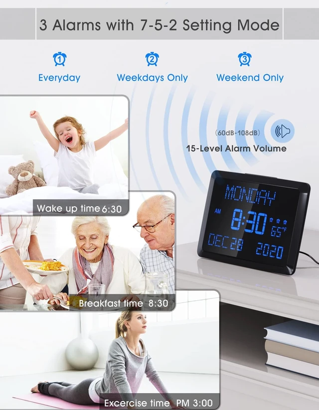 Alt view image 4 of 7 - 11.5" Large Digital Wall Clock for Seniors - Extra Large LED Calendar Clock with Non-Abbreviated Day Date & Indoor Temperature, 3 Alarms, 5-Level Dimmer, 2 USB Chargers for Bedroom Living Room Office
