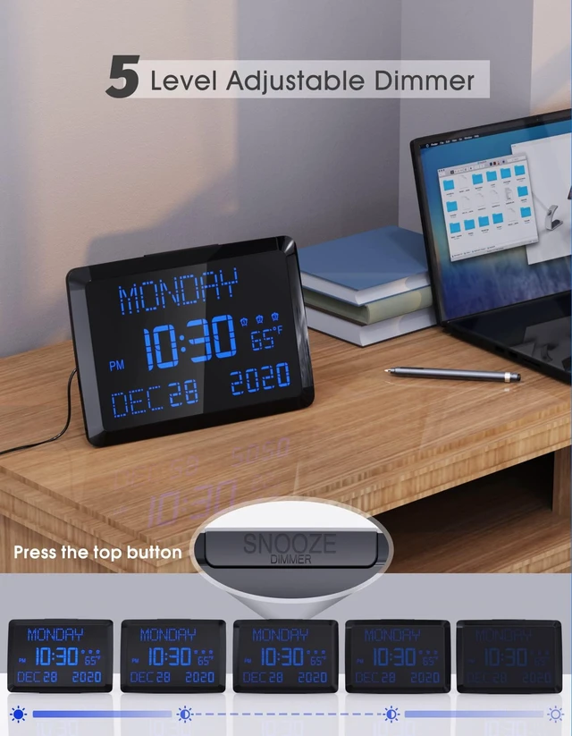 Alt view image 5 of 7 - 11.5" Large Digital Wall Clock for Seniors - Extra Large LED Calendar Clock with Non-Abbreviated Day Date & Indoor Temperature, 3 Alarms, 5-Level Dimmer, 2 USB Chargers for Bedroom Living Room Office